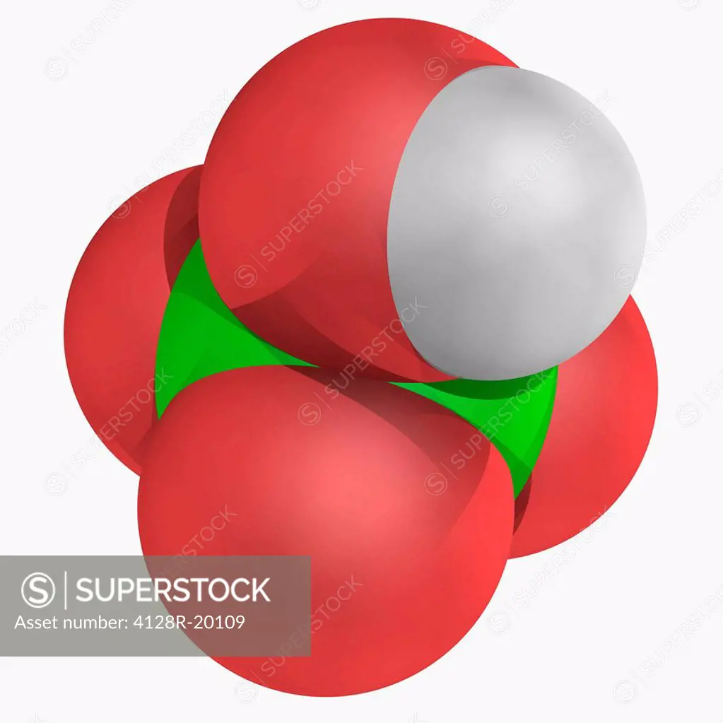 Perchloric acid, molecular model. Strong acid and powerful oxidizer. Mainly used as a precursor to ammonium perchlorate, a rocket fuel. Atoms are repr...