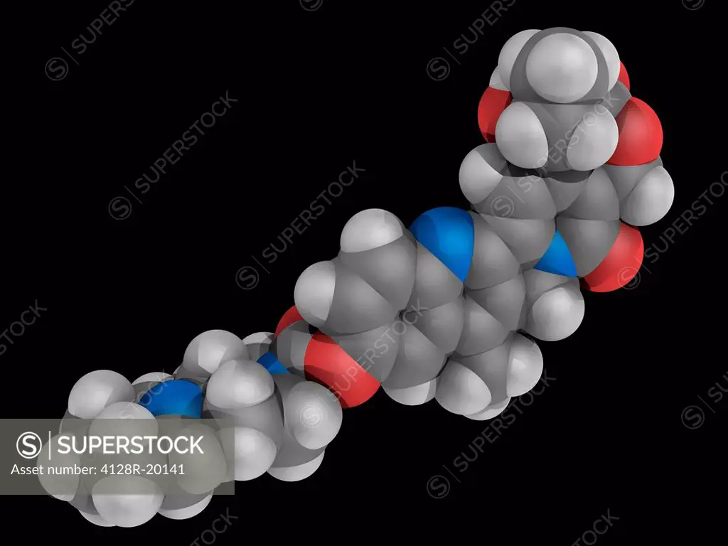 Irinotecan, molecular model. Drug used for treating mainly colon cancer. Atoms are represented as spheres and are colour_coded: carbon grey, hydrogen ...