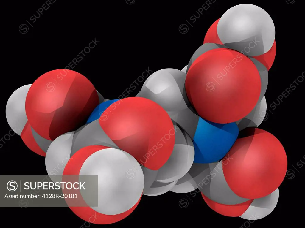 Edetic acid ethylenediaminetetraacetic acid, molecular model. Polyamino carboxylic acid widely used to dissolve limescale. Atoms are represented as sp...