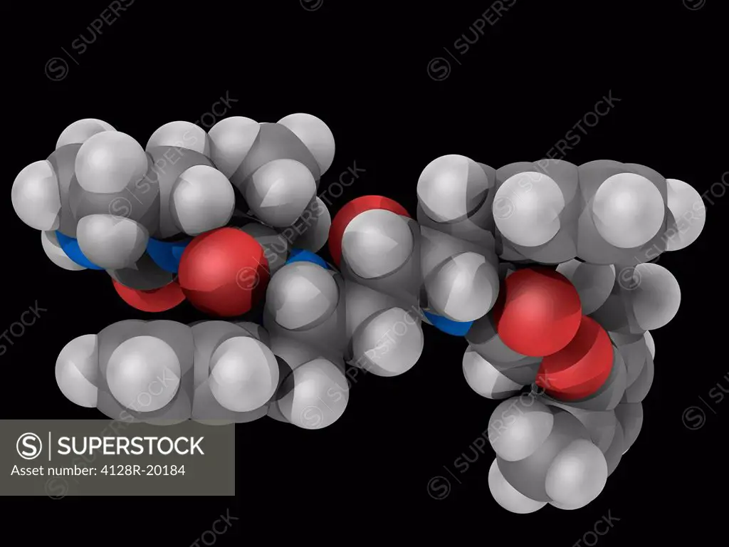 Lopinavir, molecular model. Antiretroviral drug of the protease inhibitor class. Used together with ritonavir to treat HIV. Atoms are represented as s...
