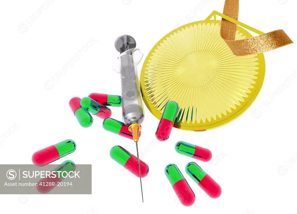 Drugs in sport. Conceptual computer artwork of drug abuse in sport. The use of performance_enhancing substances is banned in sport.
