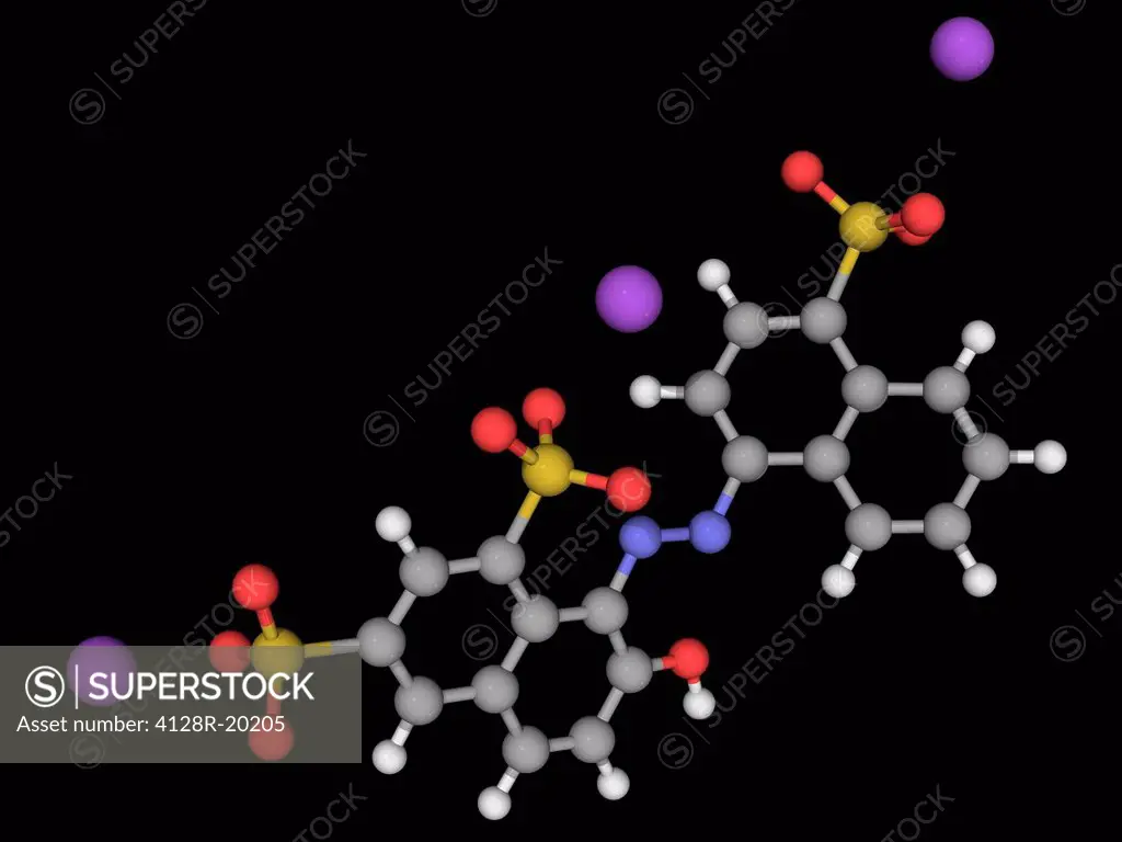 Ponceau 4R, molecular model. Synthetic colorant, red azo dye which can be used in a variety of food products. Atoms are represented as spheres and are...