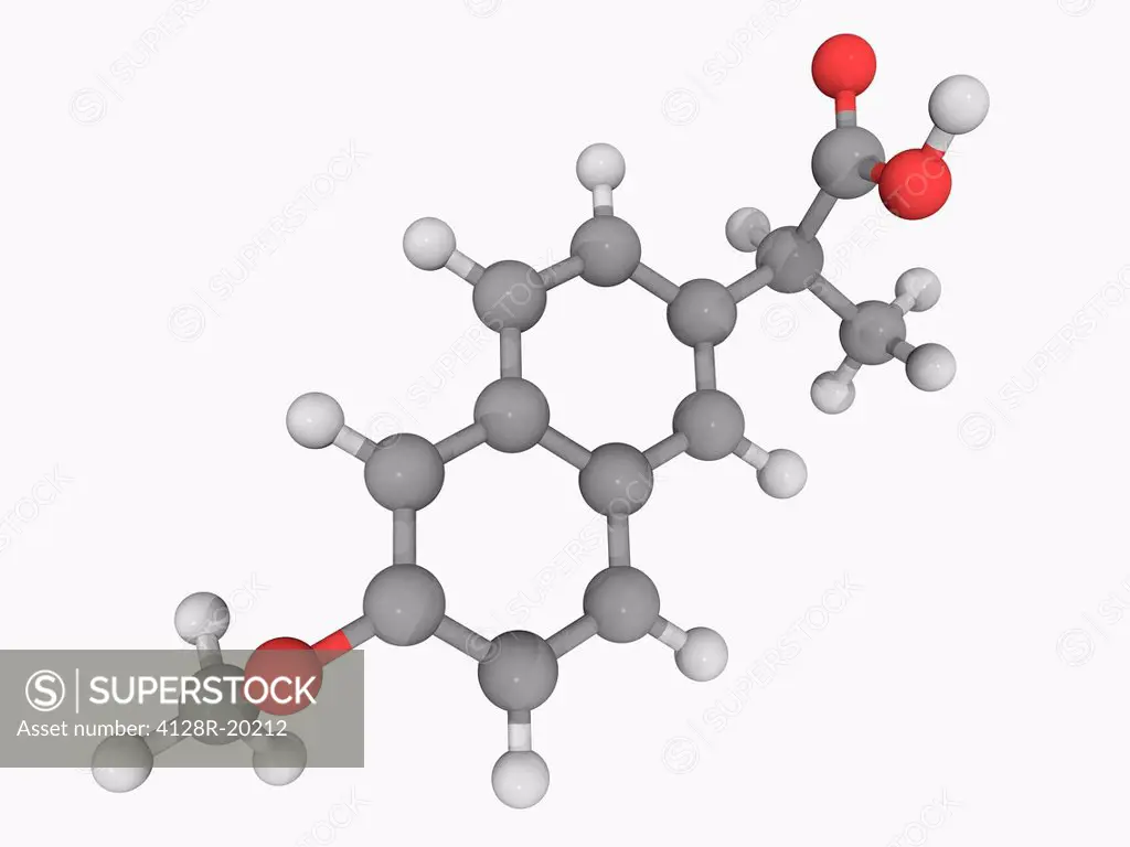 Naproxen, molecular model. Nonsteroidal anti_inflammatory drug used to reduce pain, fever and inflammation. Atoms are represented as spheres and are c...