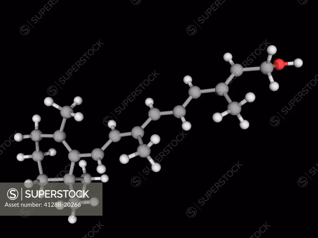 Vitamin A, molecular model. Vitamin that is needed by the retina of the eye. Atoms are represented as spheres and are colour_coded: carbon grey, hydro...