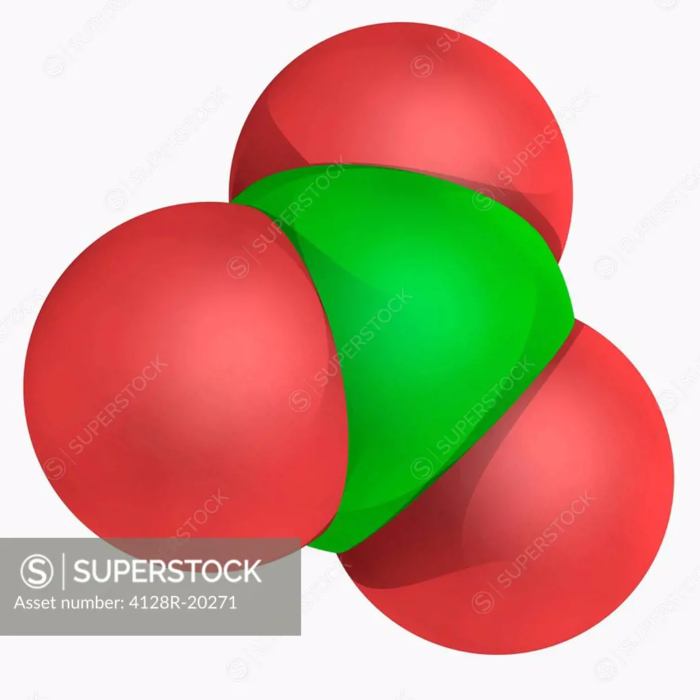 Clorate ion, molecular model. Powerful oxidizer with trigonal pyramidal structure. Atoms are represented as spheres and are colour_coded: oxygen red a...