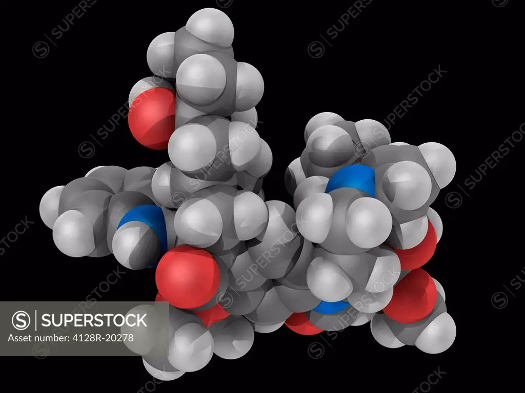 Vincristine, molecular model. Mitotic inhibitor used in cancer chemotherapy. Atoms are represented as spheres and are colour_coded: carbon grey, hydro...