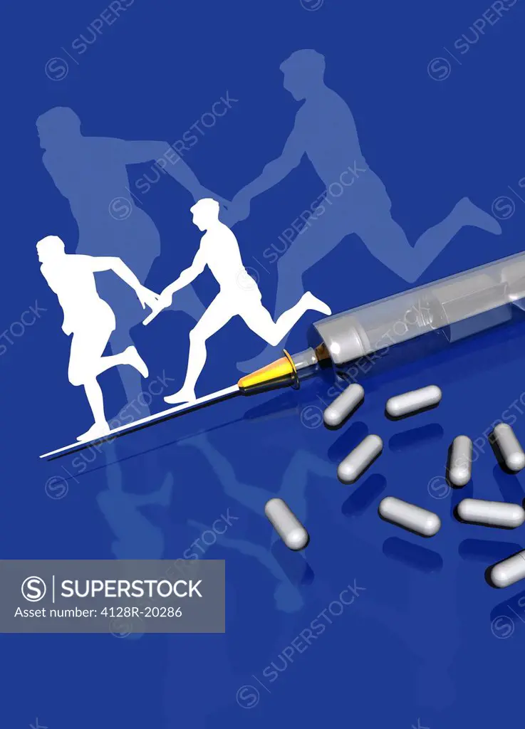 Drugs in sport. Conceptual computer artwork of drug abuse in sport. The use of performance_enhancing substances is banned in sport.