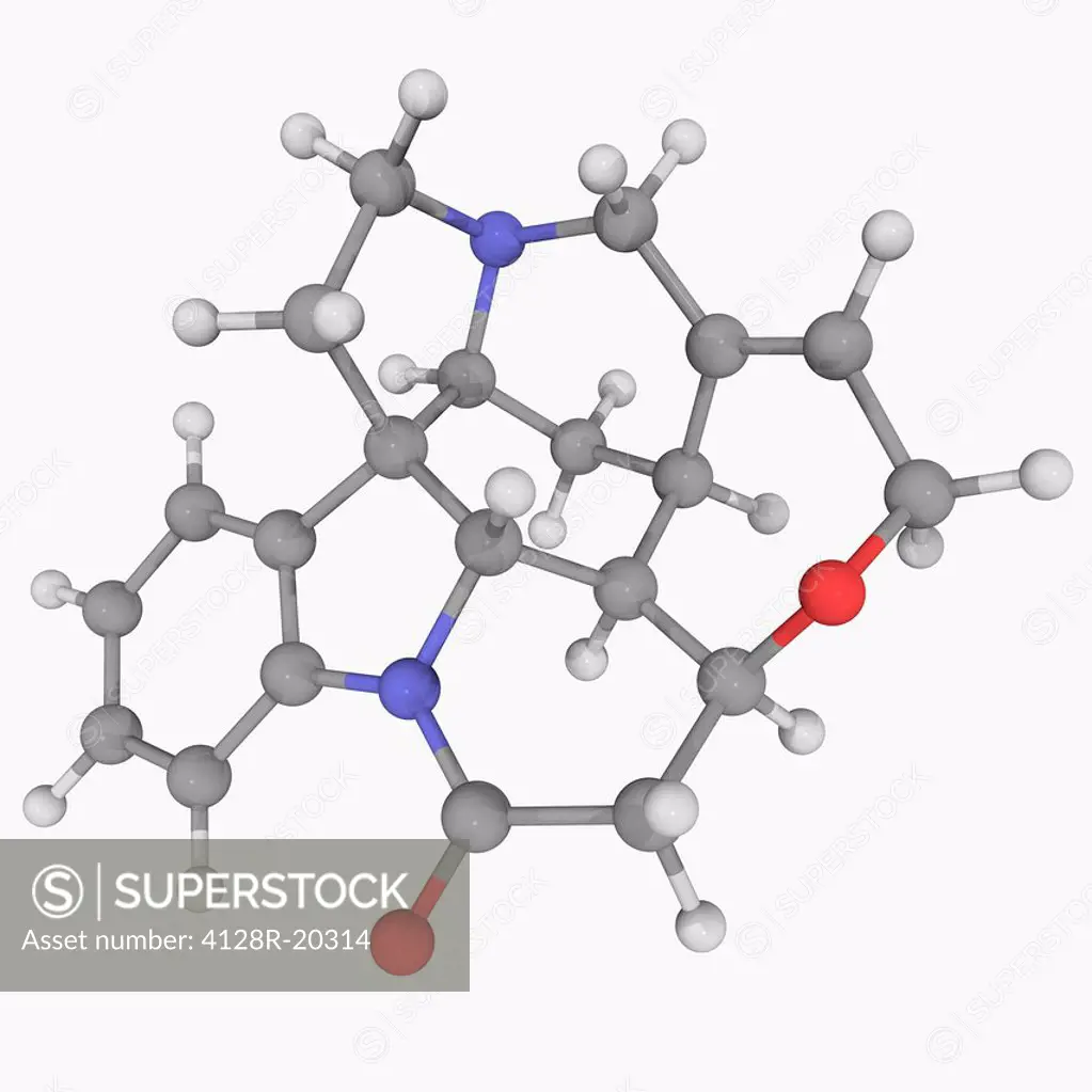 Strychnine, molecular model. Highly toxic colourless crystalline alkaloid used as a pesticide, particularly for killing rodents. Atoms are represented...