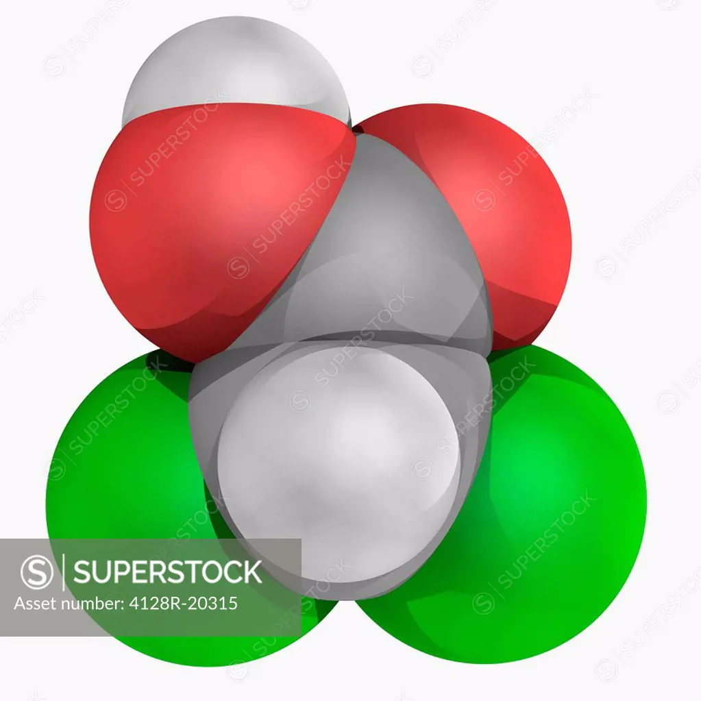 Dichloroacetic acid DCA, molecular model. Analogue of acetic acid with two hydrogen atoms being replaced by chlorine atoms. Atoms are represented as s...