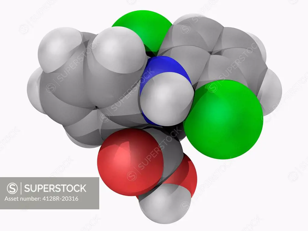 Dicofenac, molecular model. Non_steroidal anti_inflammatory drug used in the treatment of pain, inflammatory disorders, and dysmenorrhea. Atoms are re...