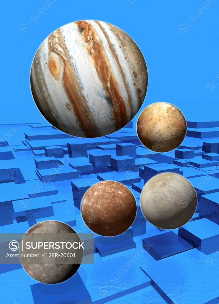 Jupiter and four of its moons, artwork