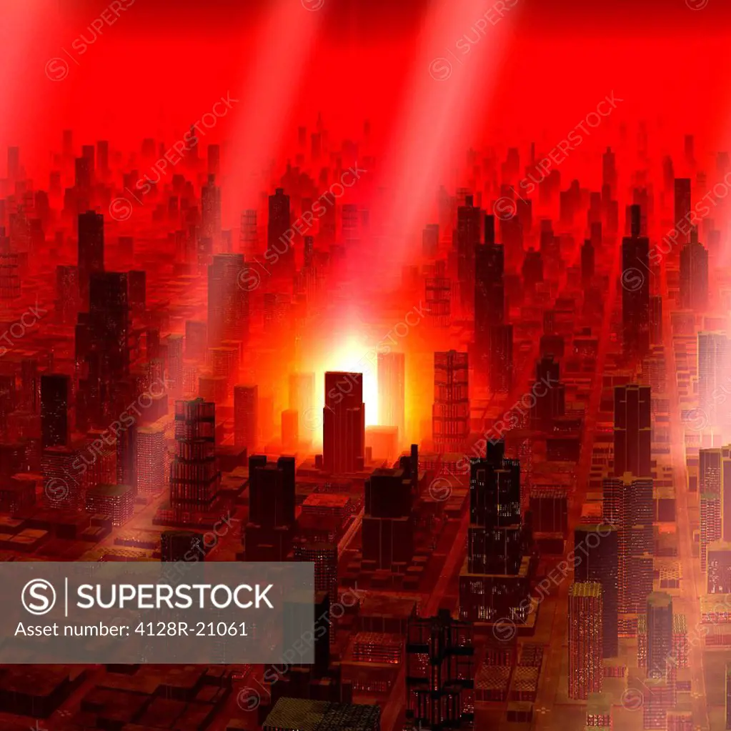 Meteor shower over alien city, artwork