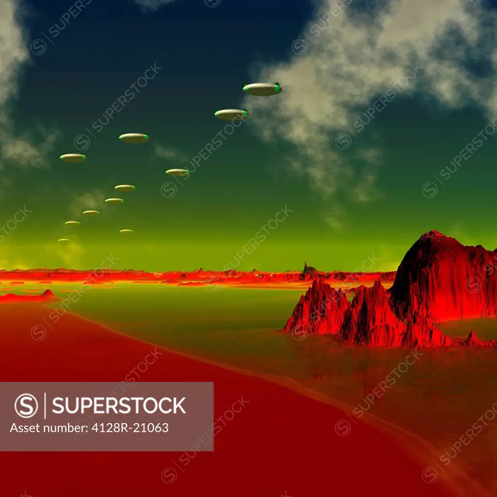 UFOs over an alien planet, artwork