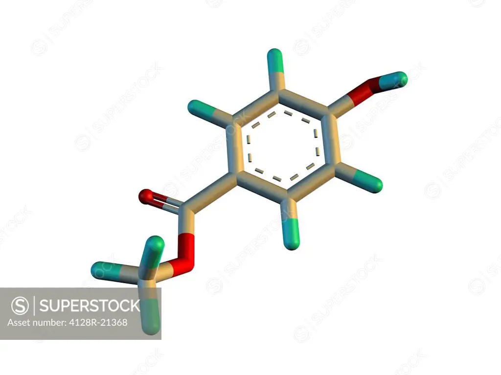 Molecular representation of methylparaben, one ester of parahydroxybenzoic acid. It is a commonly used preservative in cosmetics and pharmaceuticals. ...
