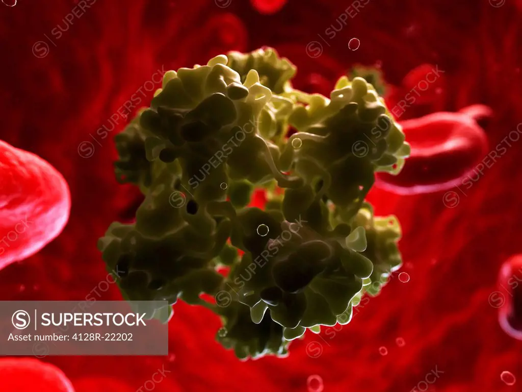 HPV infection. Computer artwork of human papillomavirus particles in the bloodstream.