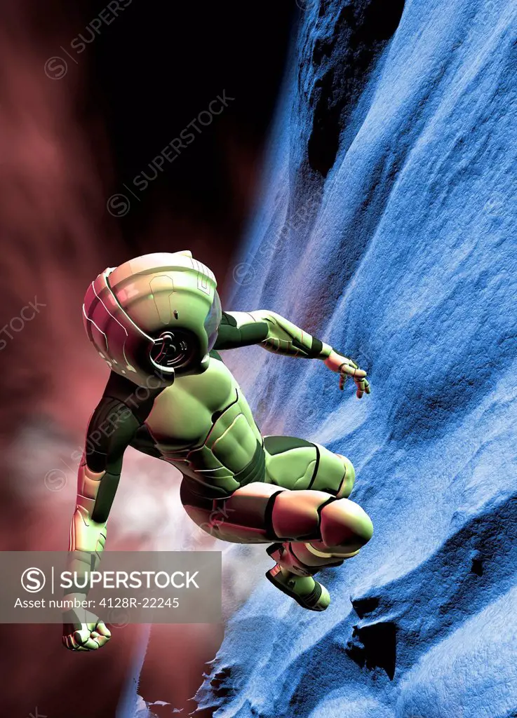 Space exploration. Computer artwork of a futuristic astronaut exploring an alien planet.