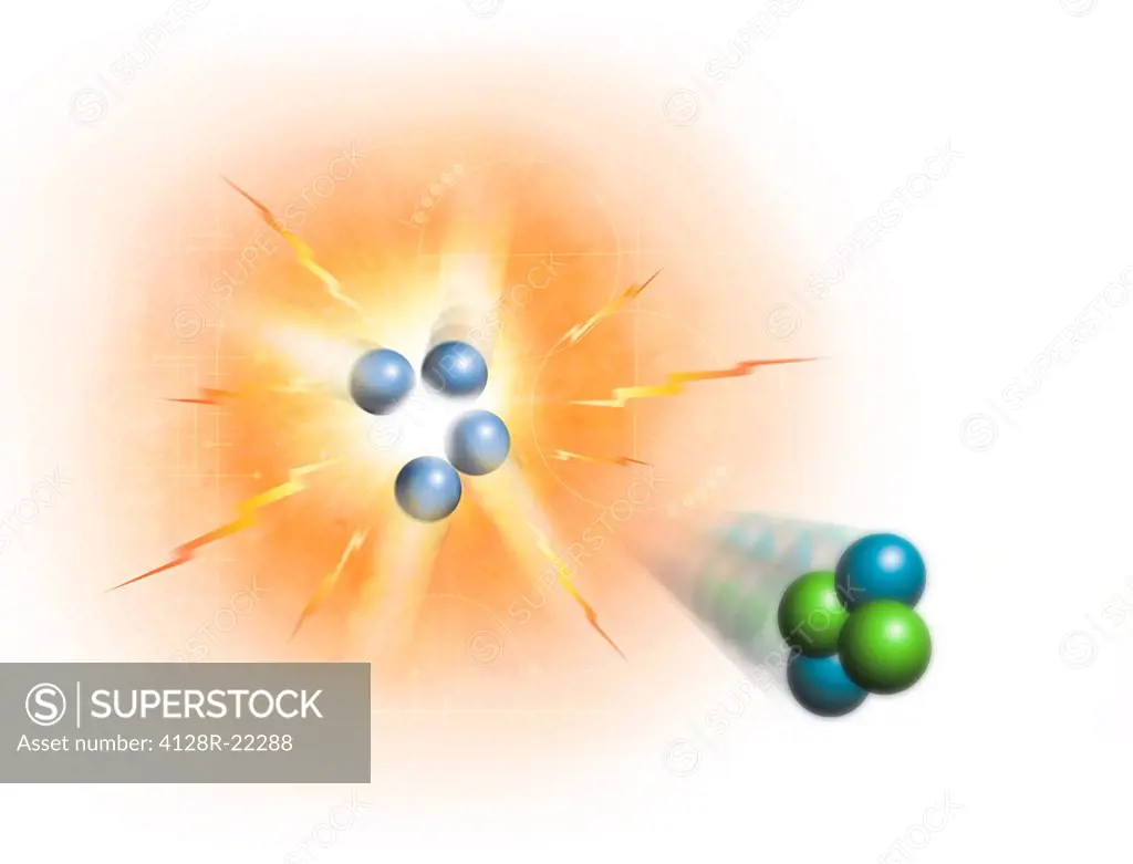 Conceptual image representing the process of nuclear fusion, specifically the creation of helium from hydrogen. Four protons hydrogen nuclei are combi...