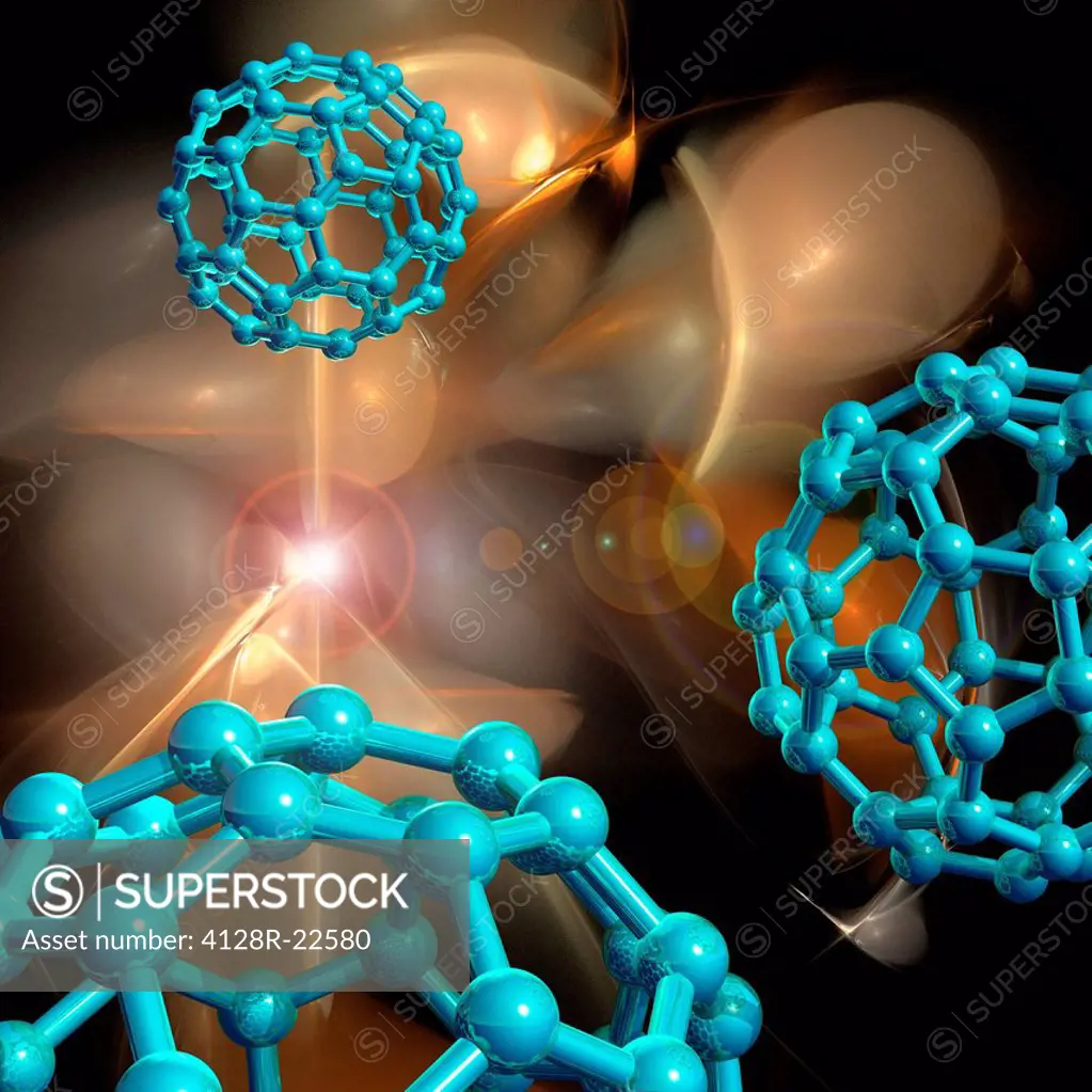 Buckyball molecules, computer artwork.