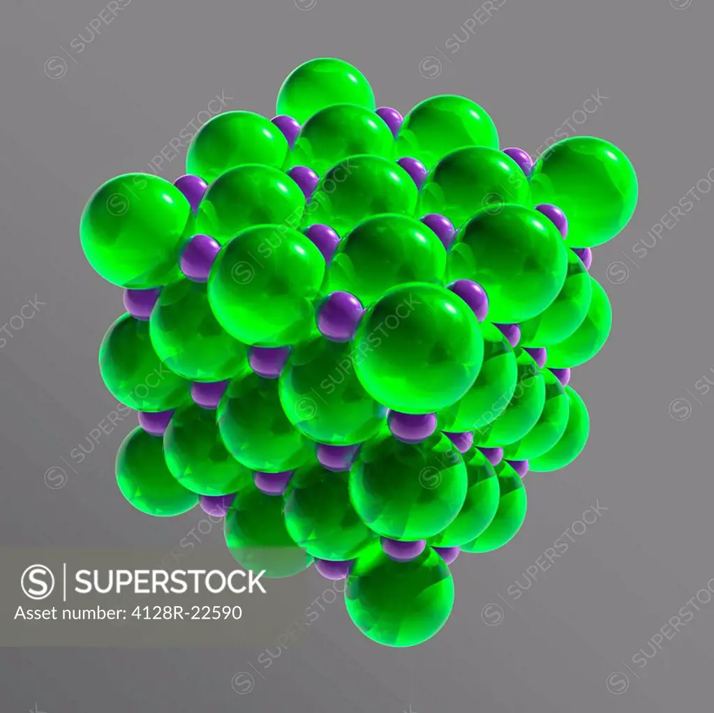 Sodium chloride. Computer artwork showing the crystal structure of sodium chloride common table salt. It comprises a regular arrangement of sodium pur...