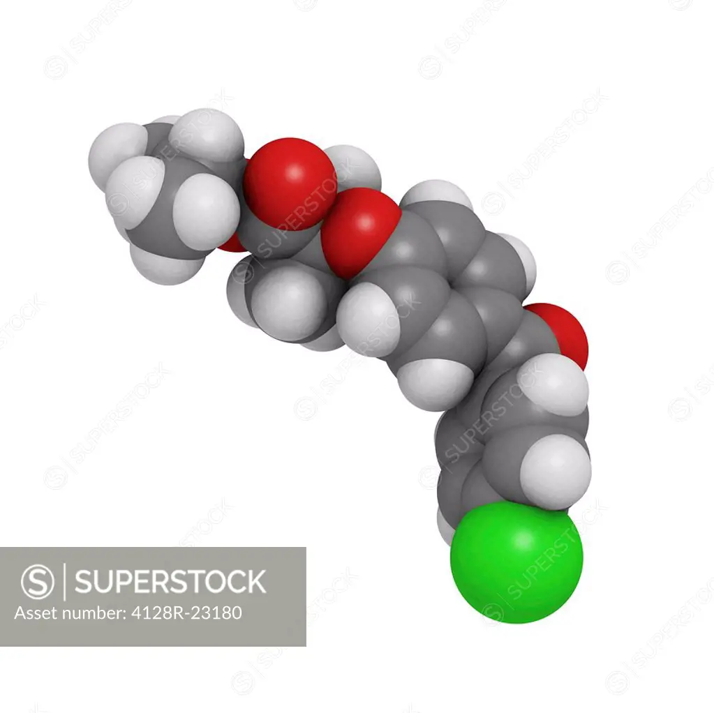 Fenofibrate cholesterol drug molecule. This drug reduces levels of low_density lipoprotein LDL, bad cholesterol and increases the levels of high_densi...