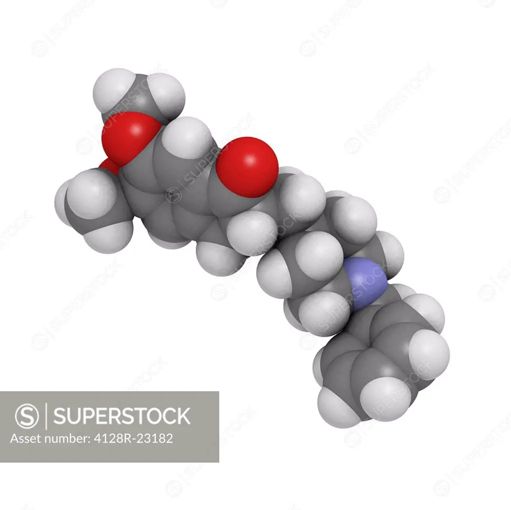 Donepezil Alzheimer´s drug, molecular model. This drug acts to inhibit the enzyme acetylcholinesterase. Atoms are represented as spheres and are colou...