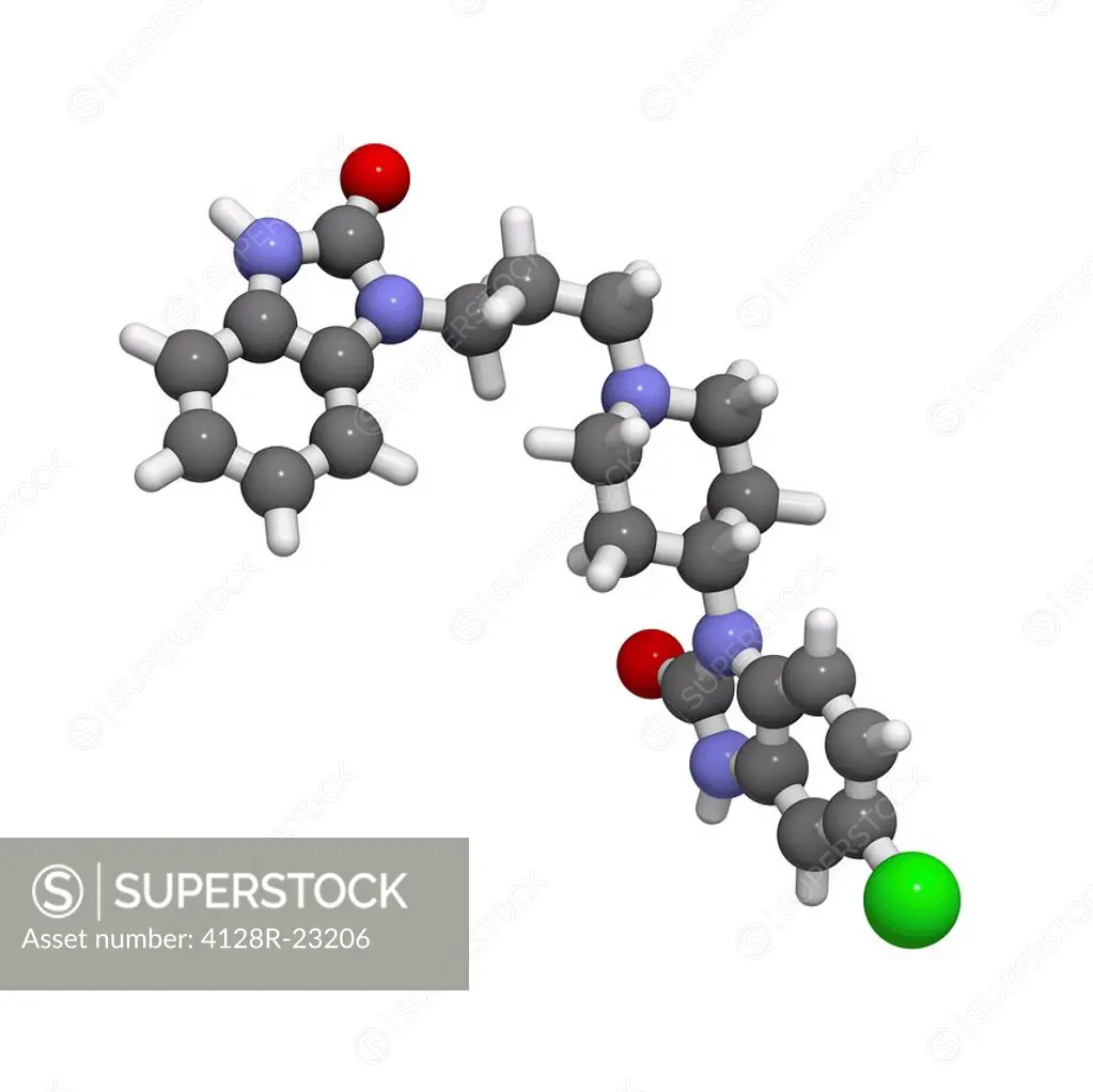 Domperidone anti_sickness drug, molecular model. Atoms are represented as spheres and are colour_coded: hydrogen white, carbon grey, oxygen red, nitro...