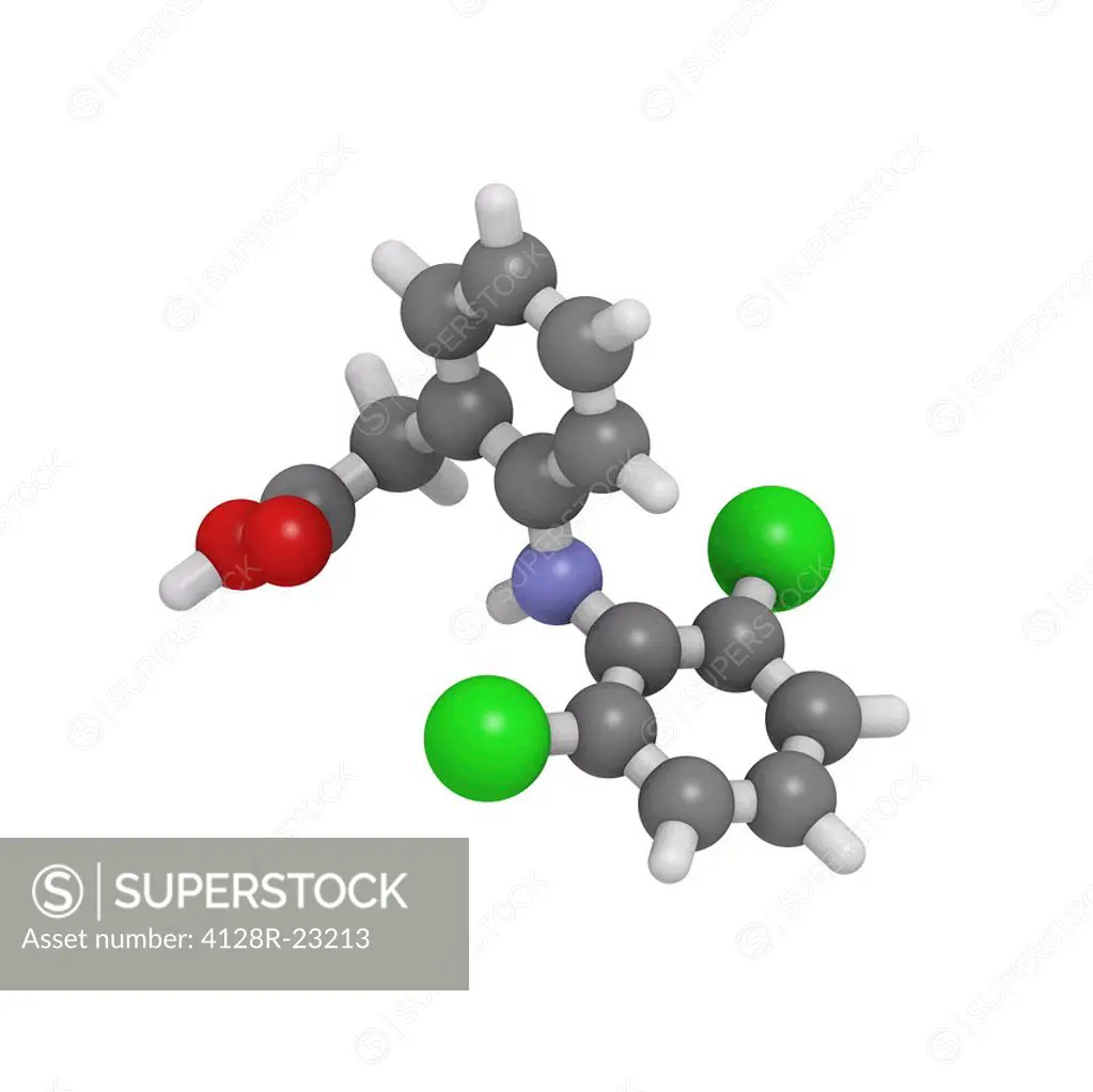 Diclofenac anti_inflammatory drug, molecular model. This is a non_steroidal anti_inflammatory drug NSAID that is used in the treatment of pain and inf...