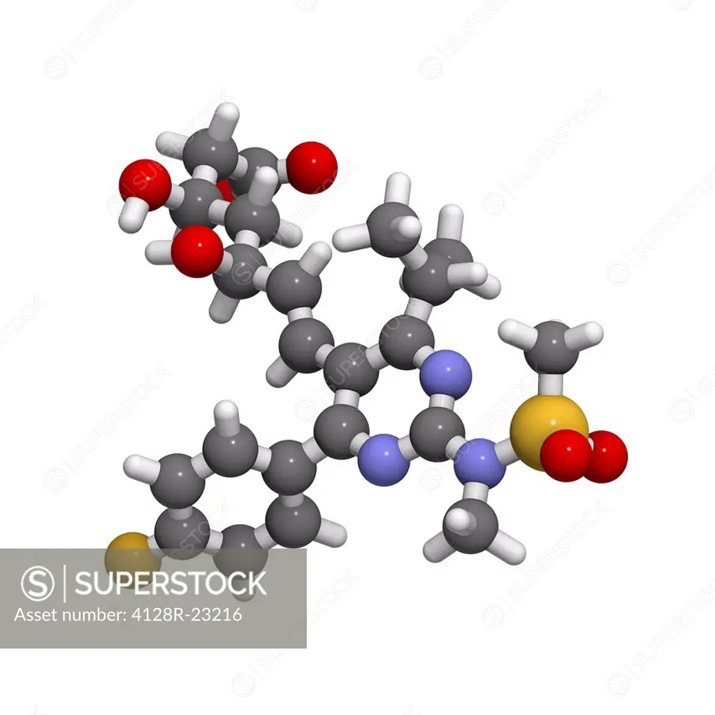 Rosuvastatin cholesterol_lowering drug, molecular model. This is statin class works by blocking the effects of the enzyme HMG_CoA reductase, which nor...