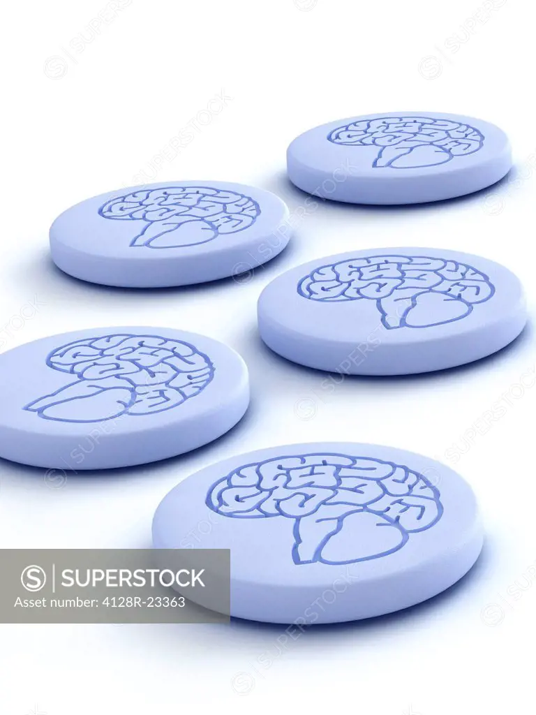 Brain drug. Conceptual computer artwork of a pills with a brain symbol embossed. This could be used to illustrate stimulating regions of the brain, su...