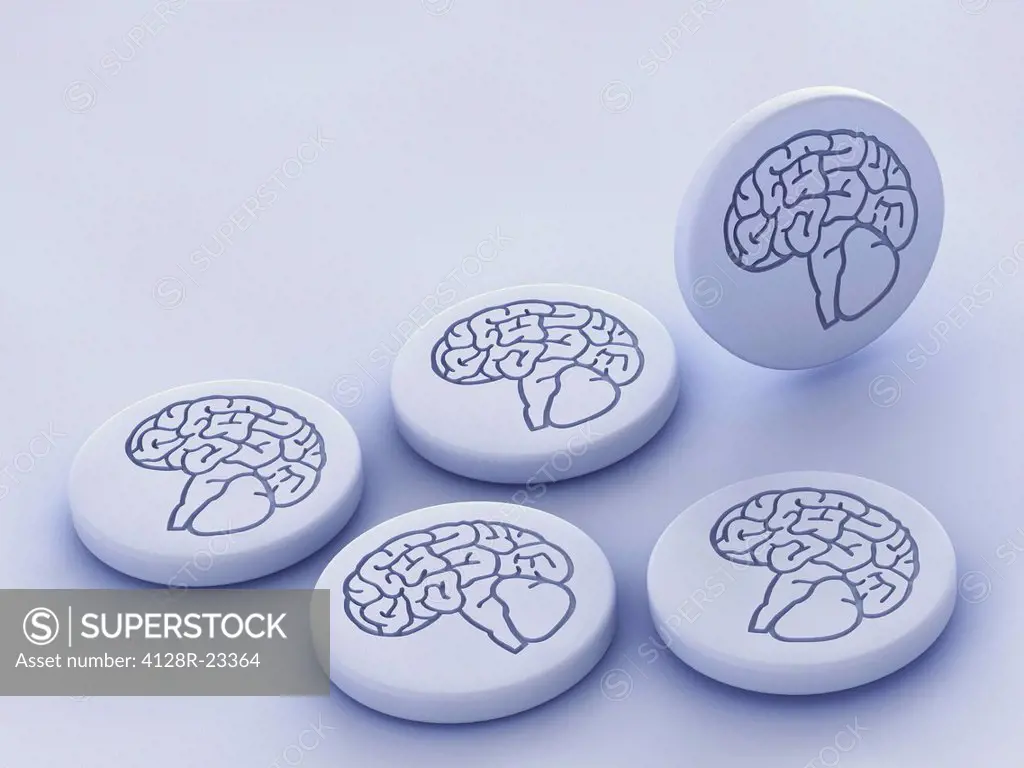 Brain drug. Conceptual computer artwork of a pills with a brain symbol embossed. This could be used to illustrate stimulating regions of the brain, su...