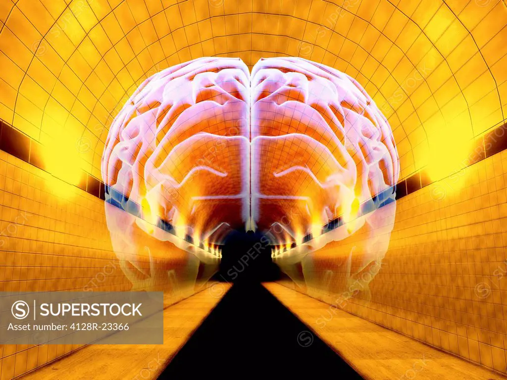 Psychological state. Conceptual artwork of a brain in a tunnel. This can represent a person´s psychological state, and conditions such as depression, ...