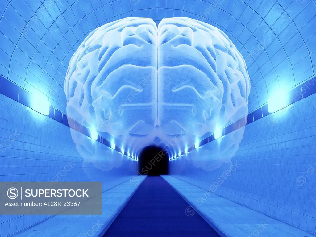 Psychological state. Conceptual artwork of a brain in a tunnel. This can represent a person´s psychological state, and conditions such as depression, ...