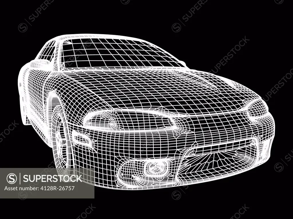 Image made by a computer aided design (CAD) package of a generic modern car. The image is in the form of a wire frame drawing, where the surface of th...