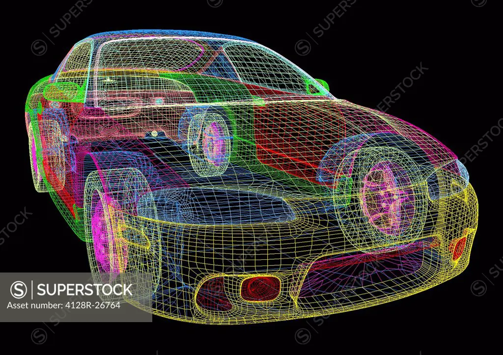 Image made by a computer aided design (CAD) package of a modern car. The image is in the form of a wire frame drawing, where the surface of the vehicl...