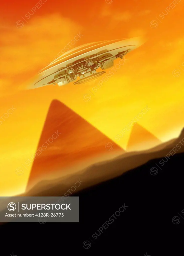 UFO over the pyramids, computer artwork.