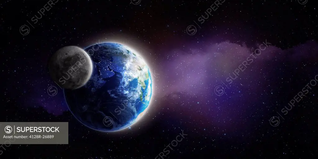 Earth and Moon, computer artwork.
