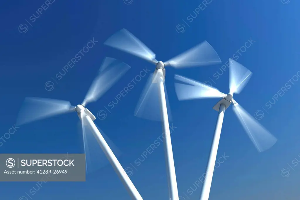 Wind turbines, computer artwork.
