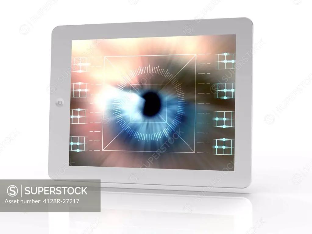 Tablet computer showing conceptual artwork of a biometric eye scan. Biometrics is the identification of individuals by their body parts. The iris, the...