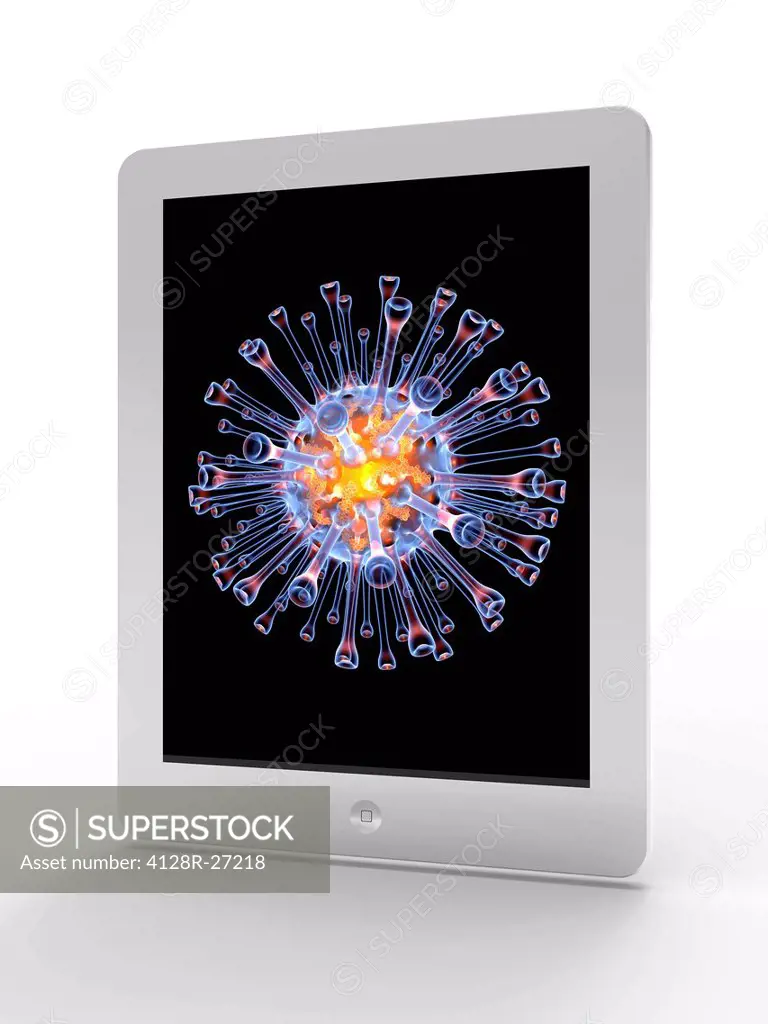 Tablet computer showing artwork of a swine influenza (flu) virus particle. At the core of the virus is RNA (ribonucleic acid, orange) genetic material...