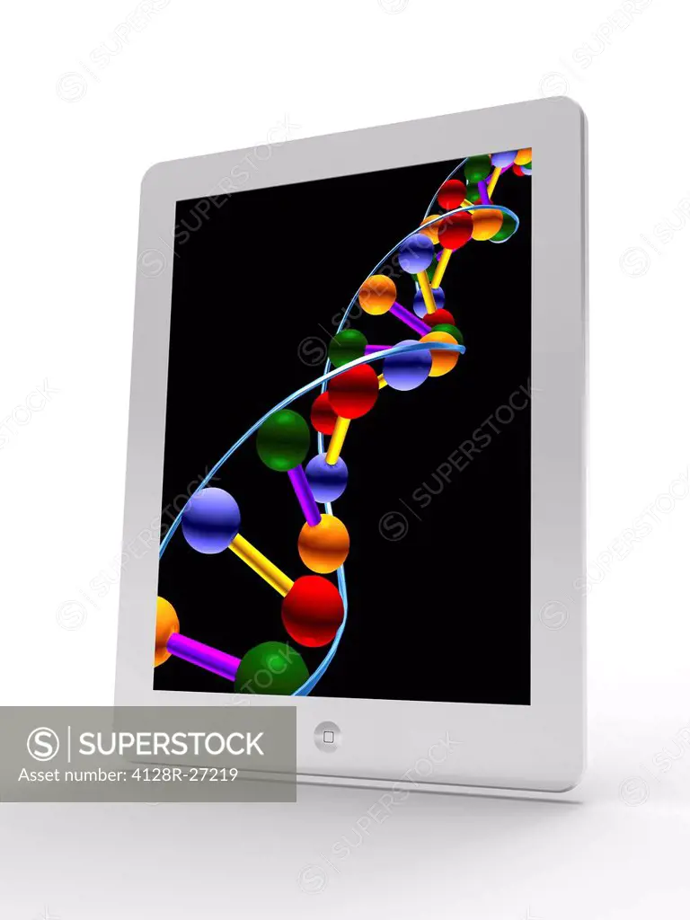Tablet computer showing artwork of a DNA molecule.