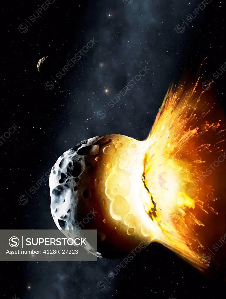 Illustration of the collision of two asteroids. Asteroids are minor planets which have diameters which are typically less than 100 kilometres. There a...