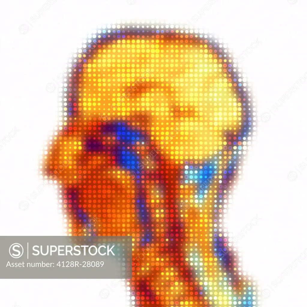 Computer artwork of a human head MRI brain scan depicted as a dot matrix.
