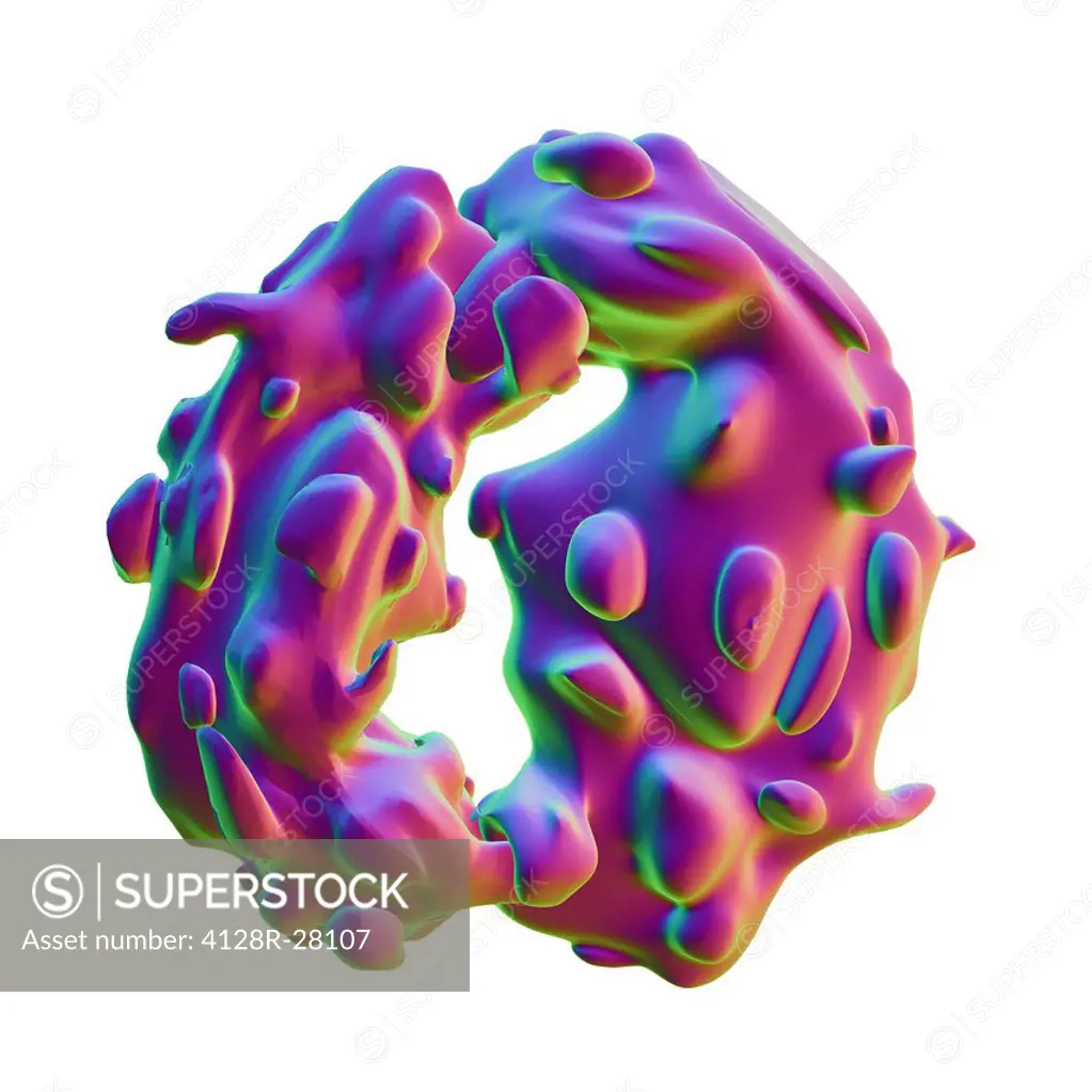 Computer artwork of a ribosome. Ribosomes are protein particles that are found in cell cytoplasm. Each ribosome has a large and a small subunit. Messe...