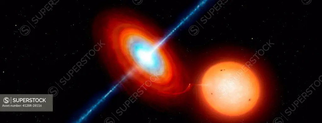 Artist's impression of a microquasar X-ray binary. These binary star systems comprise a compact star (black hole or neutron star) which is in orbit ab...