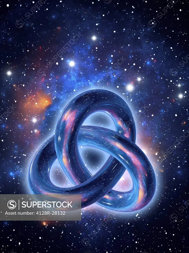 Big Bang, conceptual image. Computer artwork representing the origin of the universe depicted by an infinity torus knot. The term Big Bang describes t...