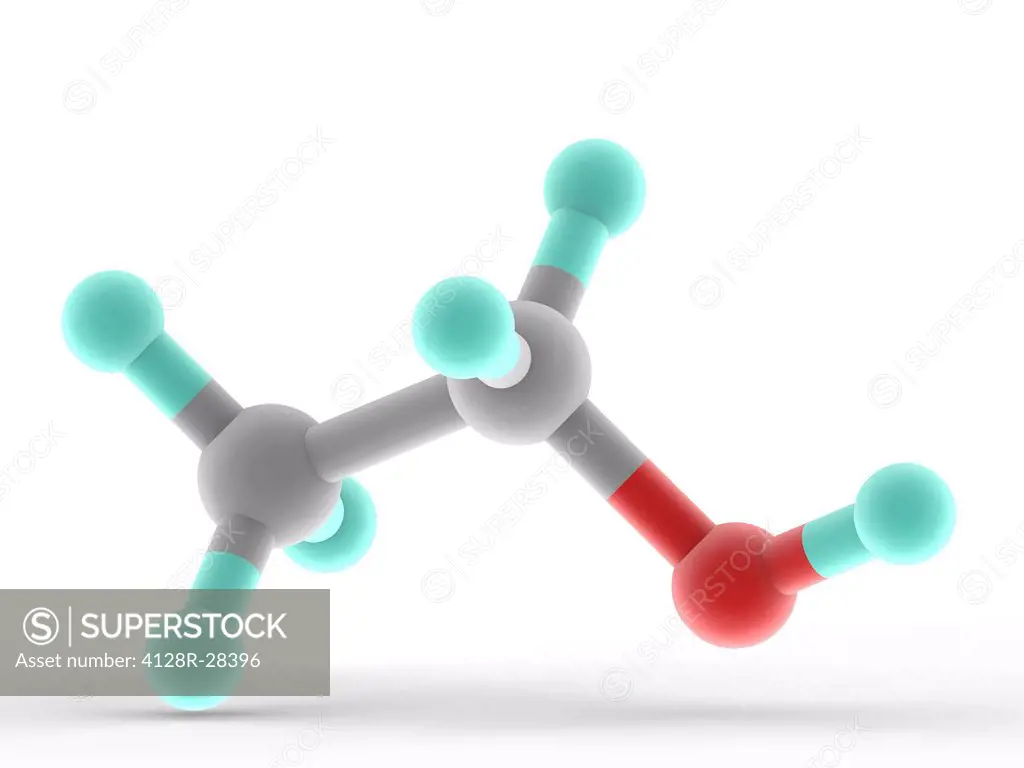 Ethanol (ethyl alcohol), molecular model. Psychoactive drug found in alcoholic beverages. Atoms are represented as spheres and are colour-coded: carbo...
