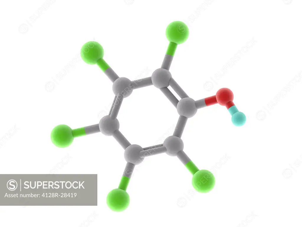 Pentachlorophenol (PCP), molecular model. Organochlorine compound used as a pesticide and a disinfectant. Atoms are represented as spheres and are col...