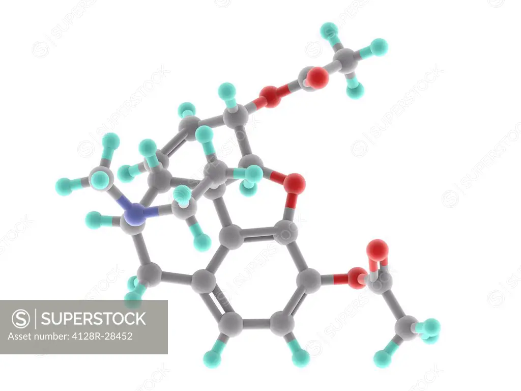 Heroin drug, molecular model. Atoms are represented as spheres and are colour-coded: carbon (grey), hydrogen (blue-green), oxygen (red) and nitrogen (...