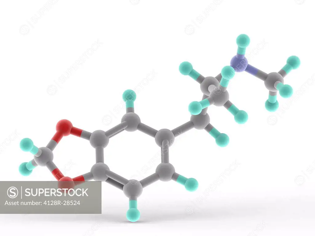 MDMA drug, molecular model. Atoms are represented as spheres and are colour-coded: carbon (grey), hydrogen (blue-green), oxygen (red) and nitrogen (bl...