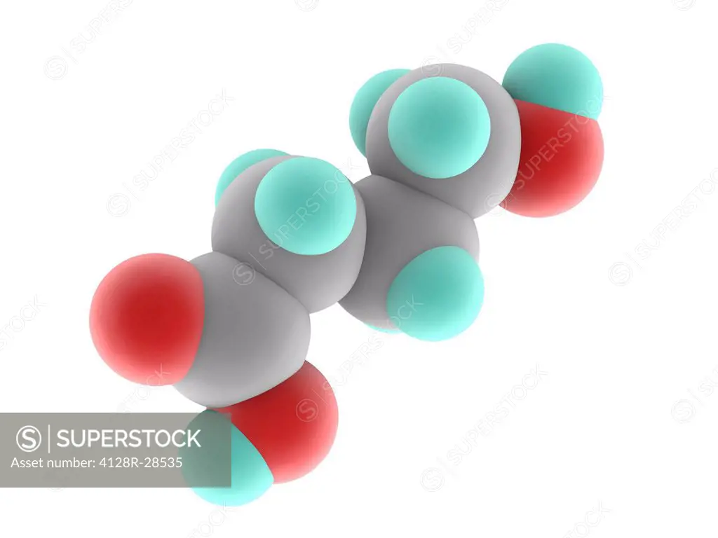 GHB molecule. Computer model of a molecule of the recreational drug gamma hydroxybutyrate (GHB, C4.H8.O3). The atoms (balls) are colour-coded: carbon ...